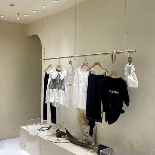 服装店展示架亚克力不锈钢吊顶挂衣架钢丝挂衣杆橱窗吊架陈列道具