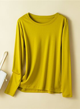 80支双面丝光棉白色长袖女t恤V领秋季修身显瘦百搭打底衫内搭上衣