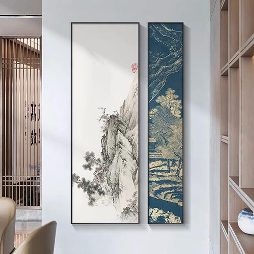 山水画新中式玄关装饰画客厅走廊过道挂画水墨国画入户正对门壁画
