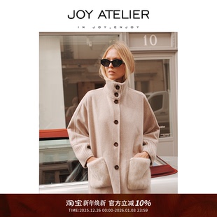 JOY8887 水貂羊绒羊毛立翻领外套落肩中长斗蓬微茧廓形上衣 朝云