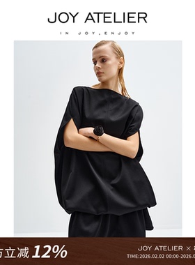 JOY ATELIER0101莱俪晶瓶 花式下摆一字肩无袖羊毛花瓶黑色连衣裙