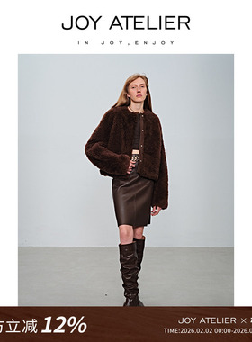 JOY ATELIER 2025秋冬季新款短款皮草女羊毛皮皮毛一体圆领外套