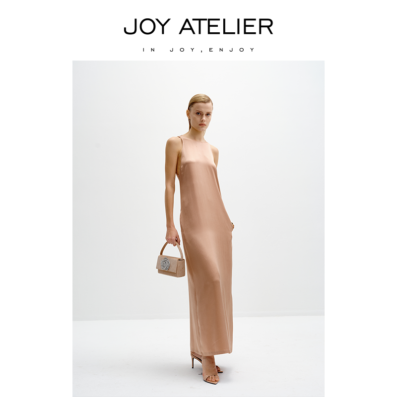 JOY ATELIER3015雪莉 微茧型后开叉小圆领超长露背桑蚕丝连衣裙女