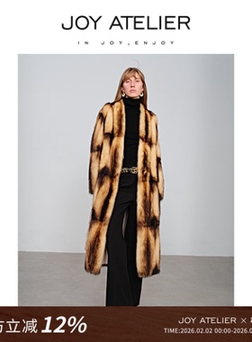 JOY ATELIER 丹麦进口艾鼬毛皮大衣女V领修身中长款系带皮草外套