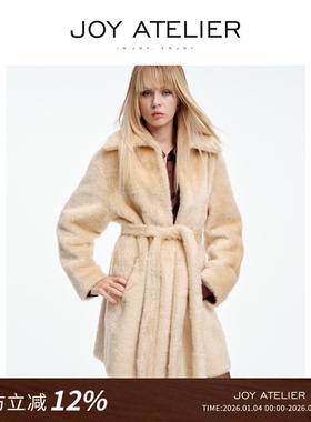 JOY9573 沐光 琥珀金美洲苏丽大翻领腰带中长款皮毛一体皮草外套