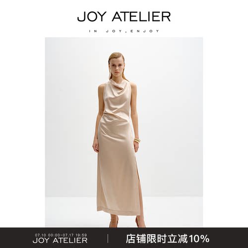 桑蚕丝缎面超长荡领微收腰连衣裙