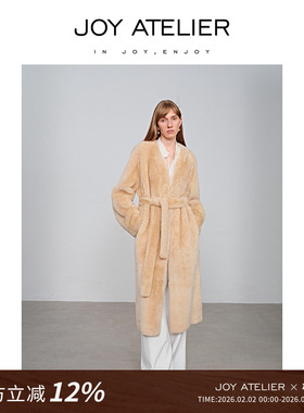 JOY ATELIER羊毛皮深V束腰A摆直身型大衣冬季睡袍式中长款外款