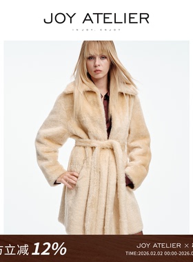 JOY9573 沐光 琥珀金美洲苏丽大翻领腰带中长款皮毛一体皮草外套