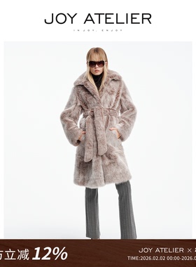 JOY1009幻境 进口双色拉贡翻领大廓形皮毛一体外套中长款系带皮草
