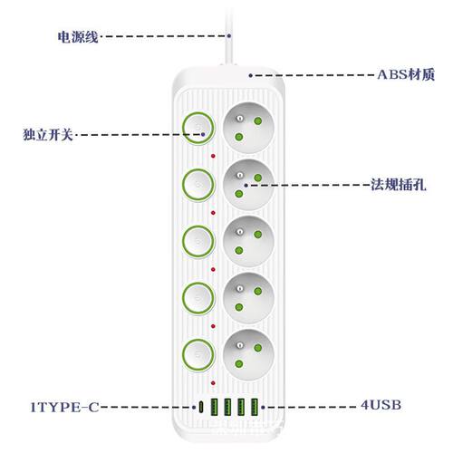 大功率2500W排插家用250V法标插排延长线法规插座
