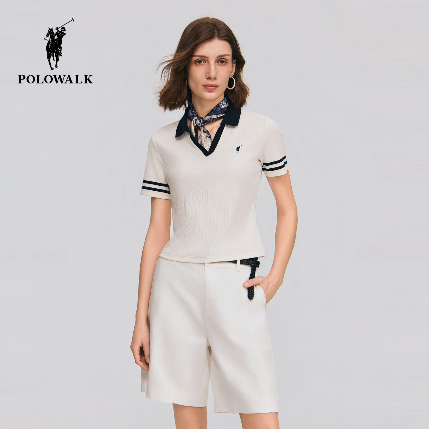POLOWALK女式短袖POLO衫2026夏季新品时尚撞色V领气质显瘦polo衫