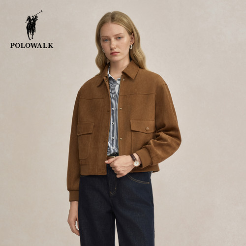 POLOWALK女式外套2025秋季新品简系复古工装风翻领外套女装上衣