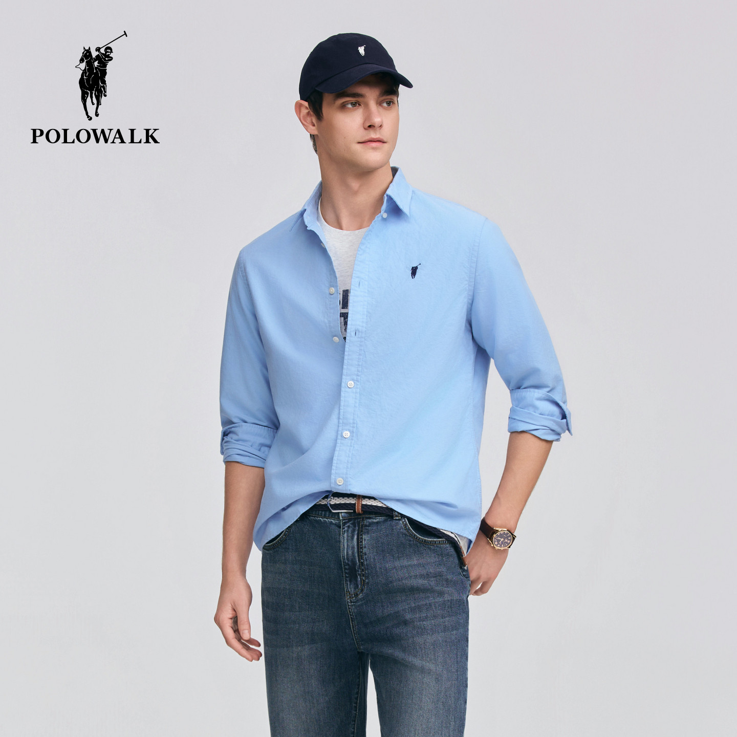 POLOWALK男式长袖衬衫2026春季新品纽扣领休闲通勤百搭长袖衬衫