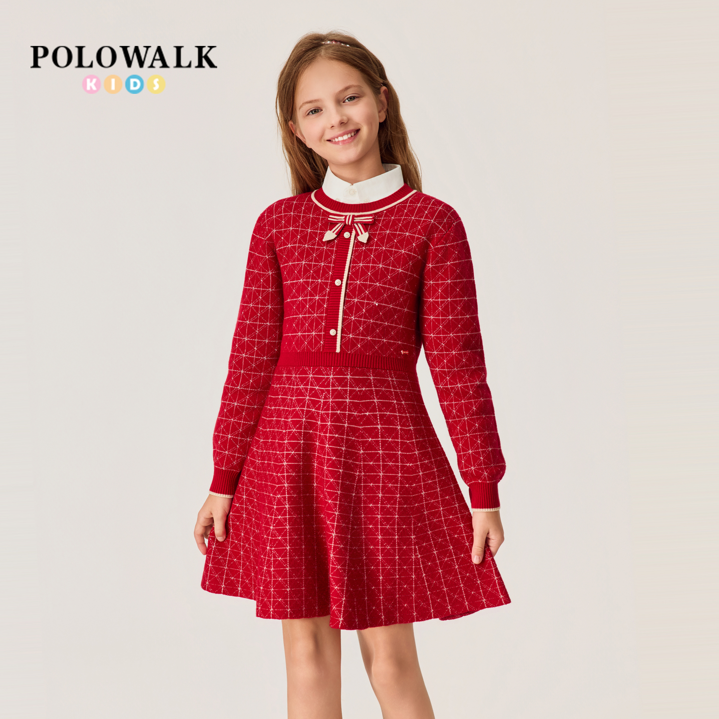 【新年款】POLOWALK女童红色长袖连衣裙2026新品菱格提花连衣裙