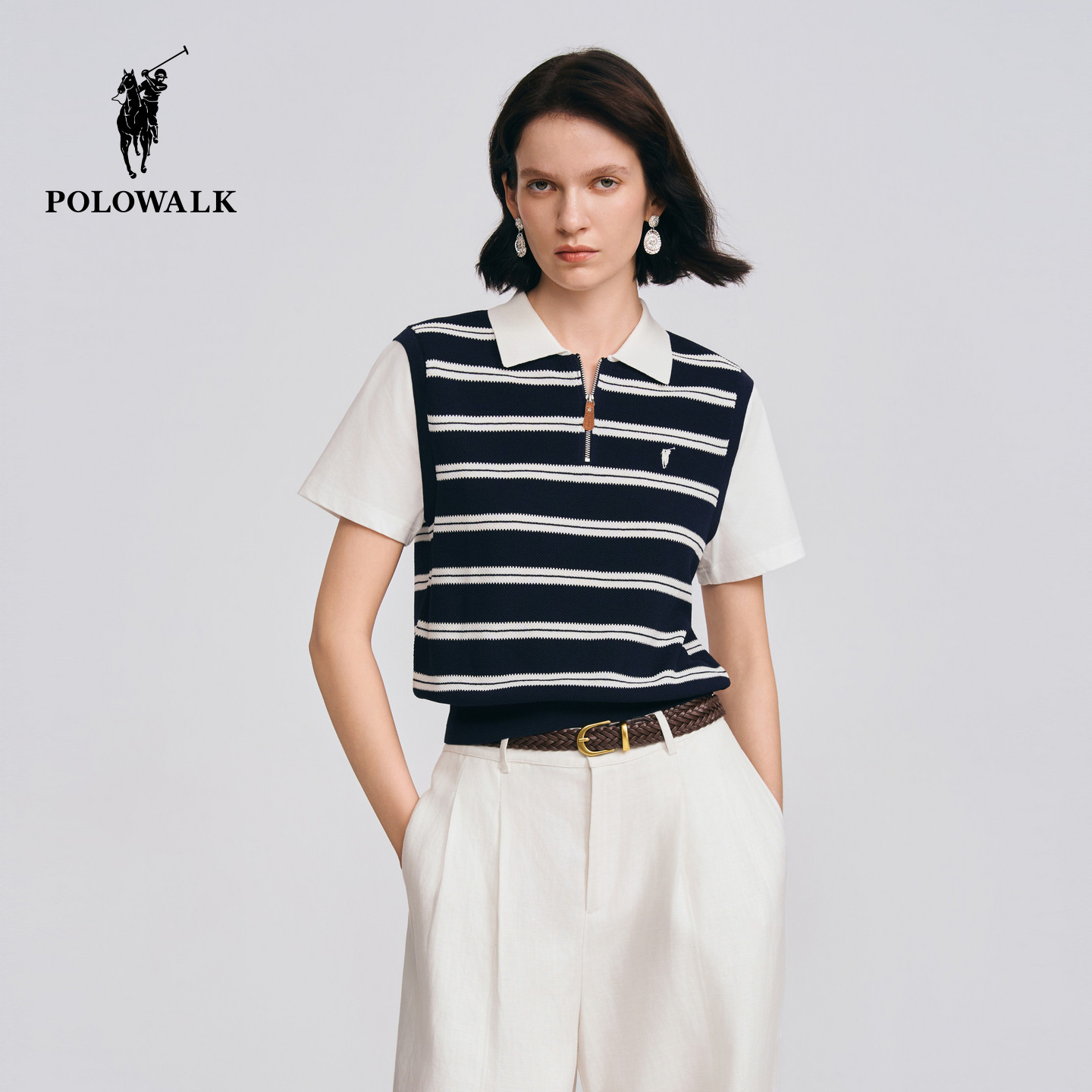 POLOWALK女式短袖针织衫2026春季新品假两件翻领半拉链套头上衣
