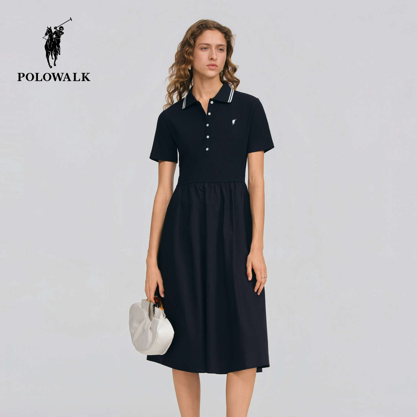 POLOWALK女式短袖连衣裙2026夏季新品简约翻领短袖中长款针织裙