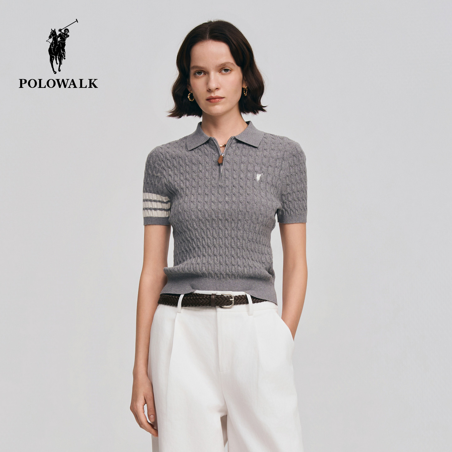 POLOWALK女式短袖针织衫2026春季新品翻领绞花半拉链套头针织衫