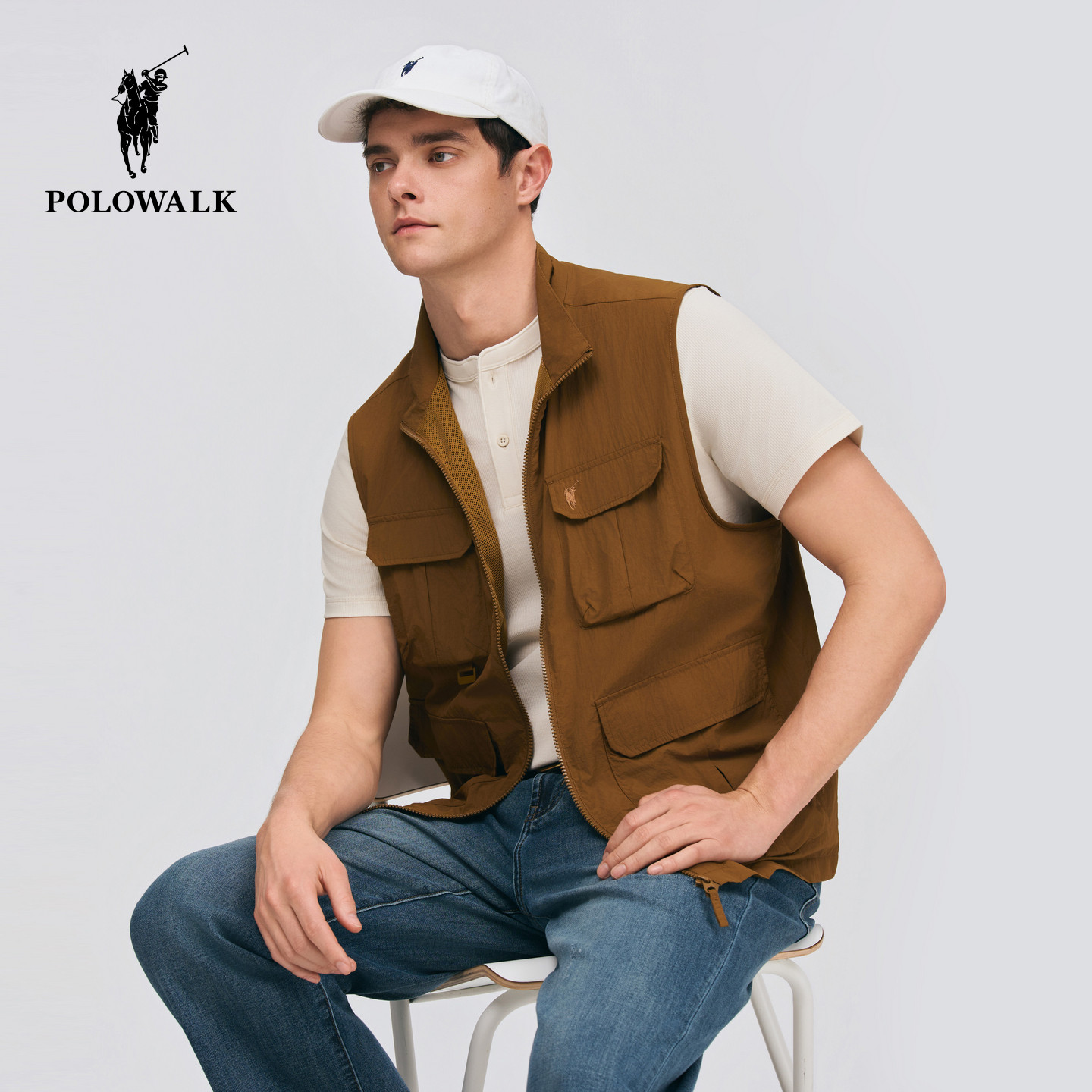 POLOWALK男士马甲2026春季新品纯色百搭休闲通勤简系立领工装马甲
