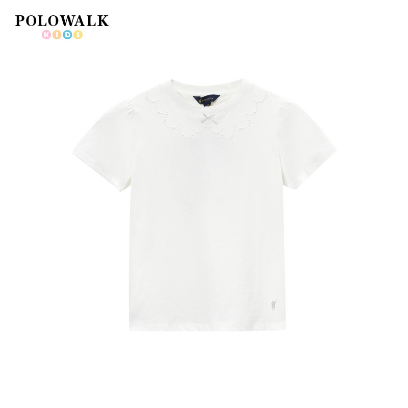 POLOWALK童装2026夏季新品女童短袖T恤白色休闲打底衫洋气短T