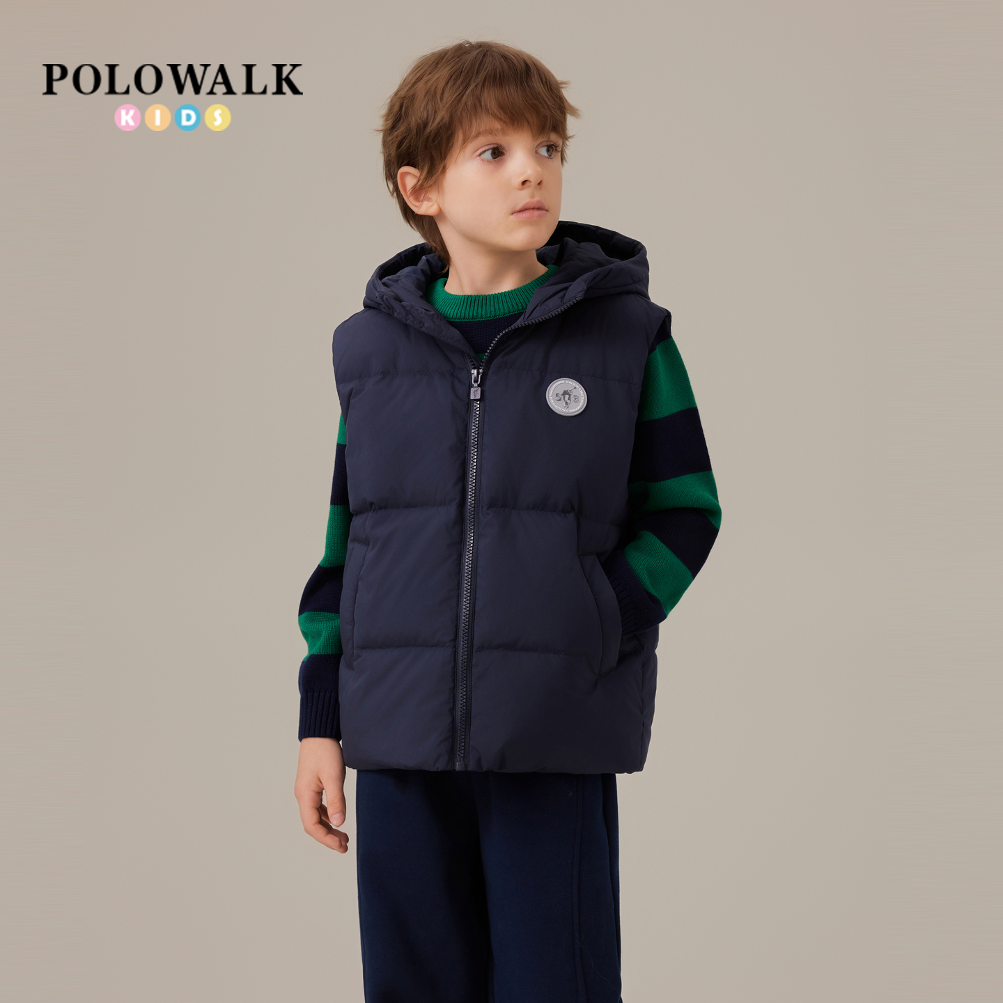 POLOWALK童装男童羽绒马甲2025秋冬新品直筒80鸭绒连帽羽绒背心