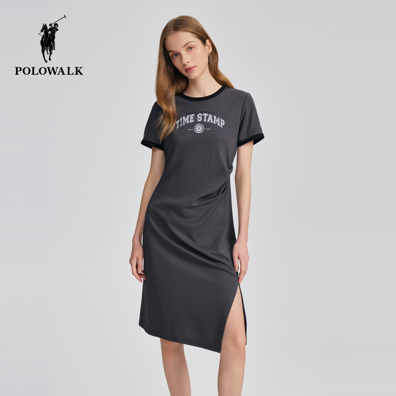 POLOWALK女式短袖针织连衣裙25夏季新品简约过膝长裙百搭收腰裙子