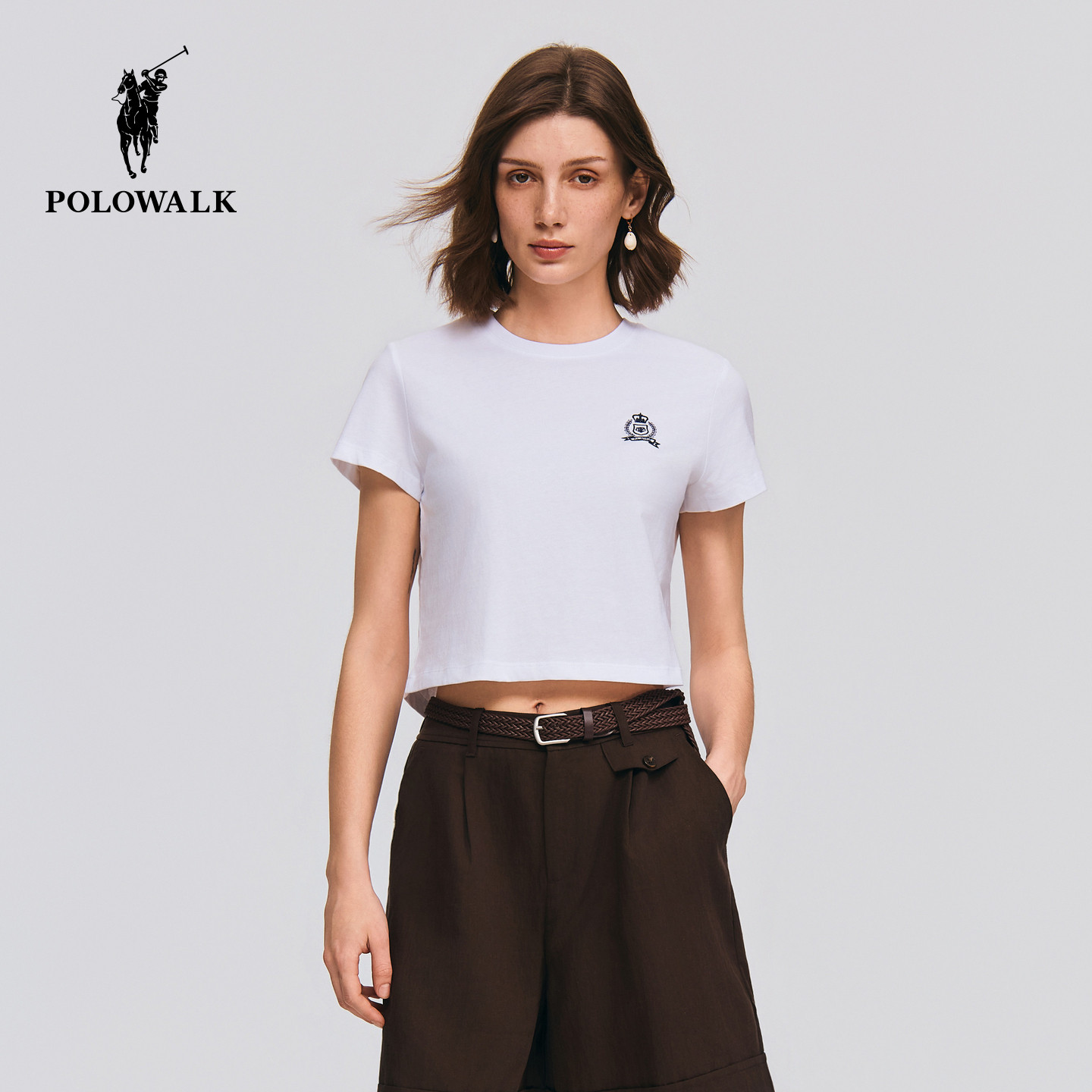 【100%棉】POLOWALK女式短袖圆领T恤2026夏季新品简约短款圆领T恤