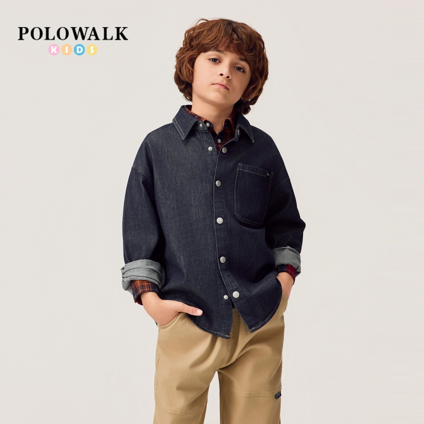 POLOWALK童装男童外套2026新品男童外套纯色简约百搭衬衫外套大童