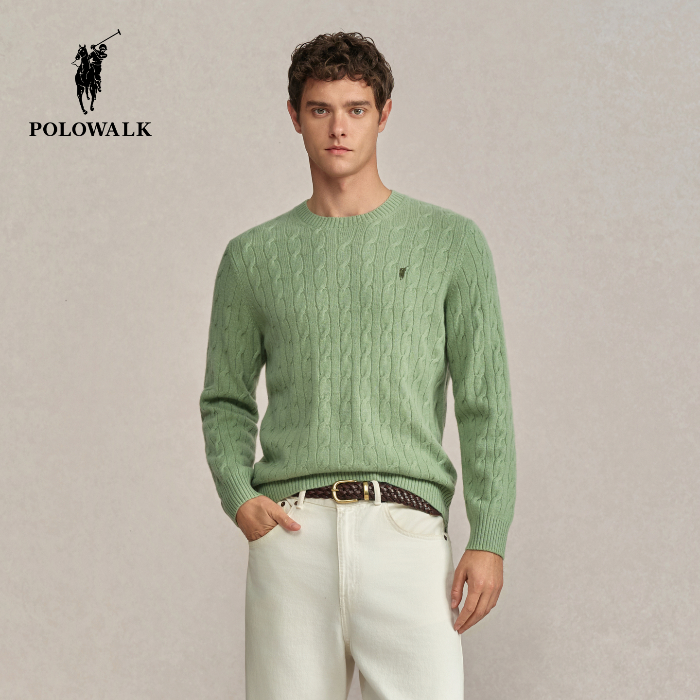 【100%绵羊毛】POLOWALK男式羊毛衫2025冬季新品圆领绞花打底衫男