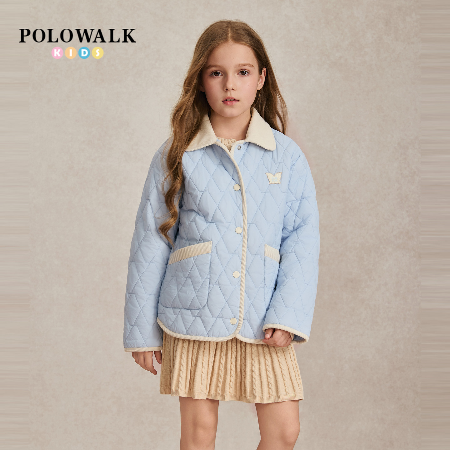 POLOWAL女童棉服2026秋季新品满身菱格衔缝翻领保暖舒适短款外套