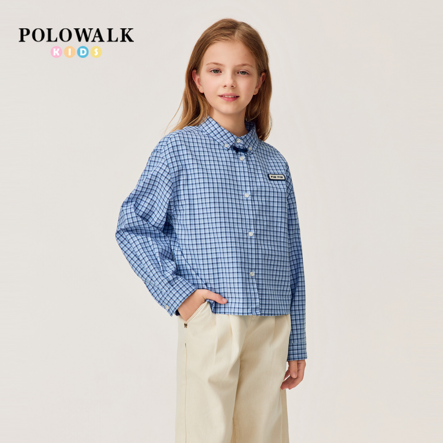 POLOWALK童装女童长袖衬衫2026新品女童长袖衬衫纯色甜美衬衣大童
