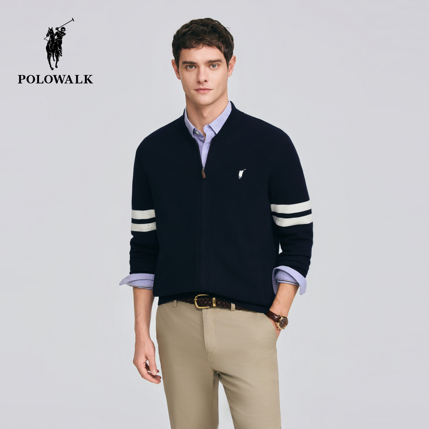 【含羊毛】POLOWALK男式针织衫2026春季新品棒球领拉链针织开衫