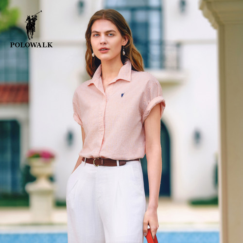 【含亚麻】POLOWALK女式短袖衬衫2026夏季撞色条纹百搭短袖衬衣