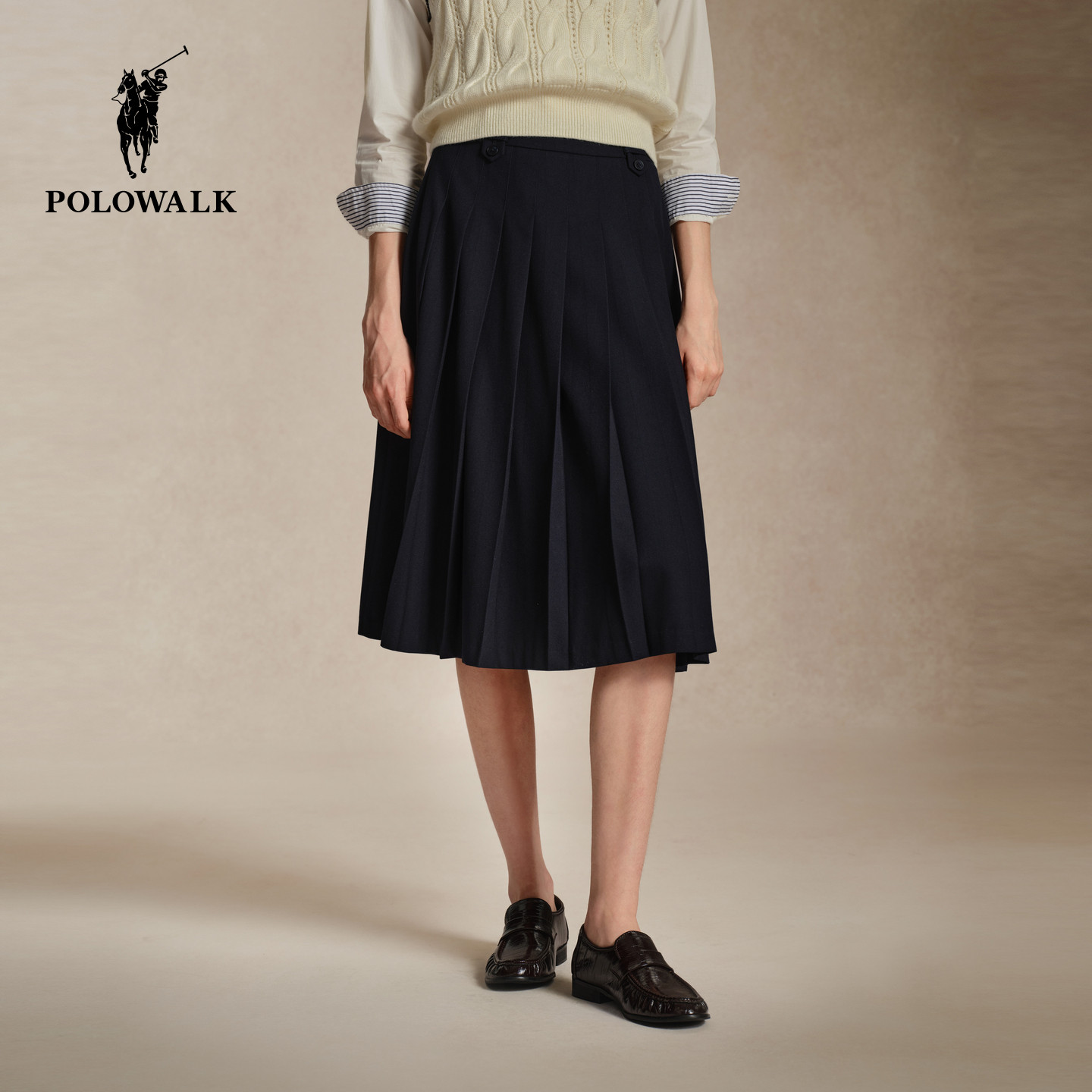 POLOWALK女式中长款半裙2026秋冬裤新品纯色学院风A字显