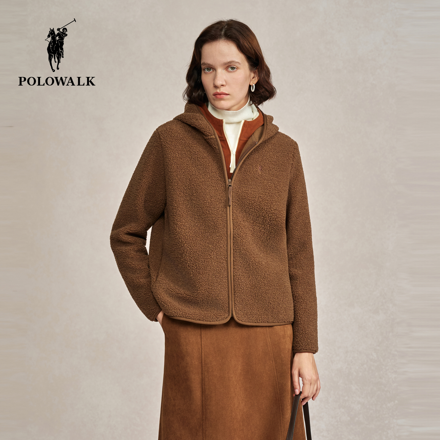 POLOWALK女式外套2025秋季新品百搭通勤连帽加绒休闲摇粒绒外套女