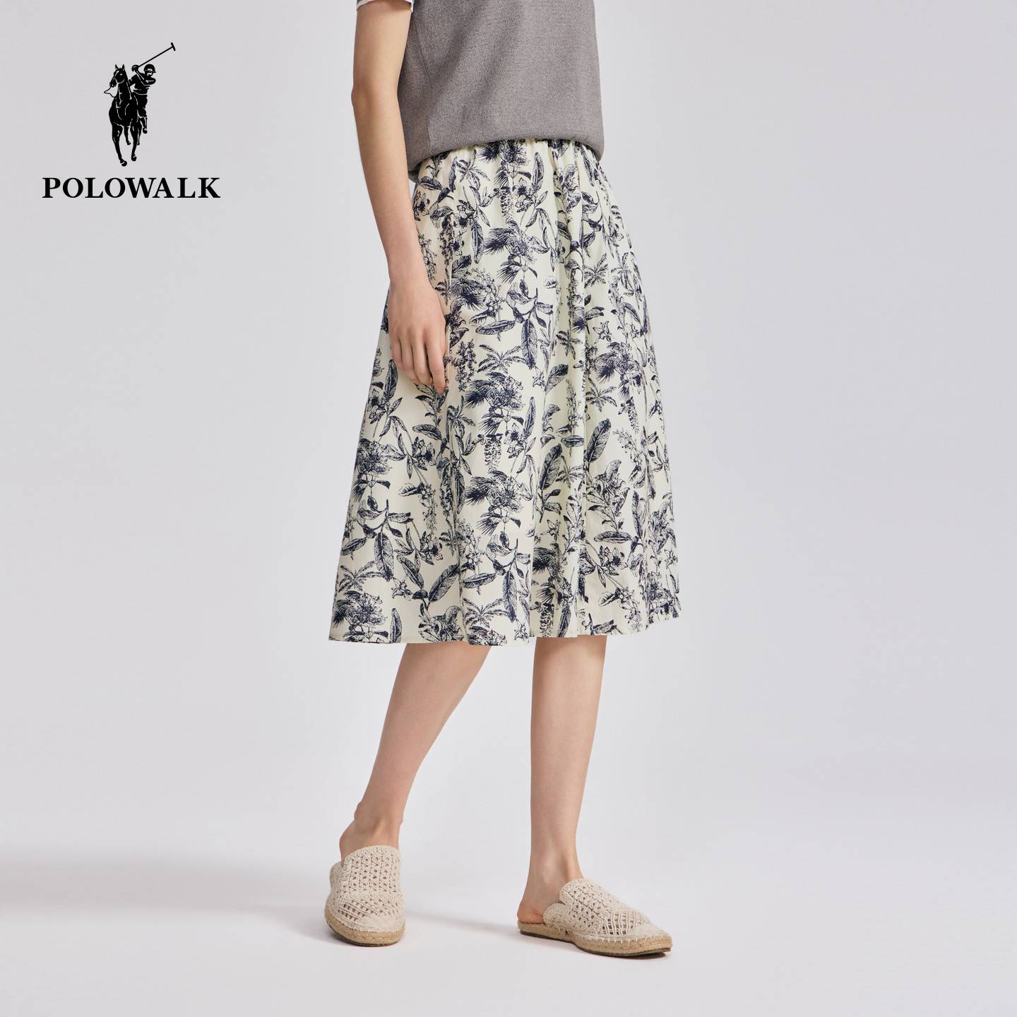 【100%棉】POLOWALK女式A摆半裙春夏气质中长款碎花裙半身中长裙