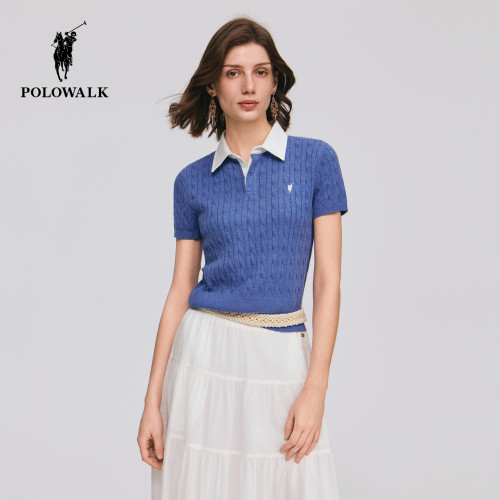 POLOWALK女式短袖针织衫2026夏季新品女装撞色翻领修身绞花针织衫
