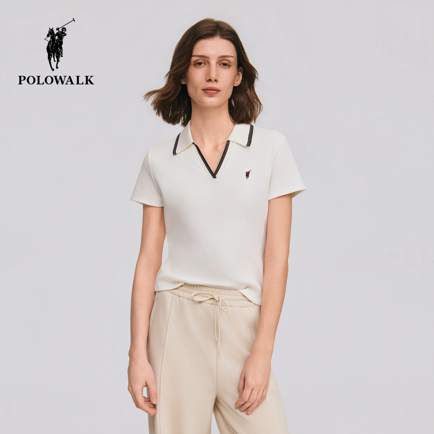 POLOWALK撞色剪刀领短袖T恤图片