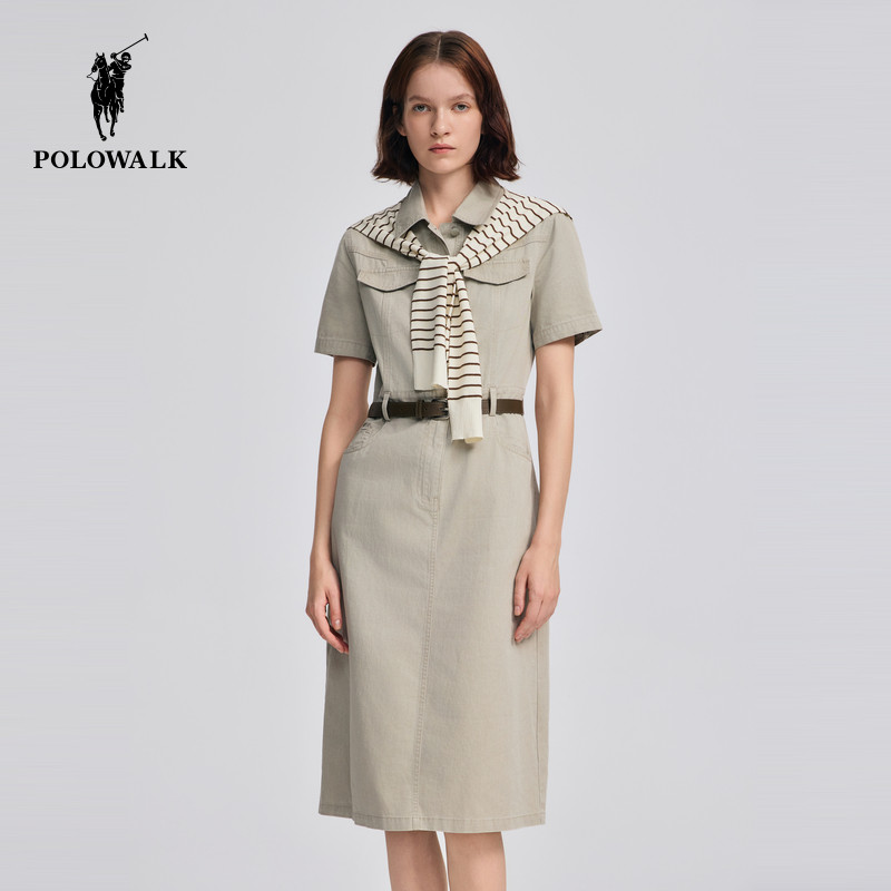 POLOWALK女装2026夏季新品女式短袖连衣裙披肩款短袖梭织