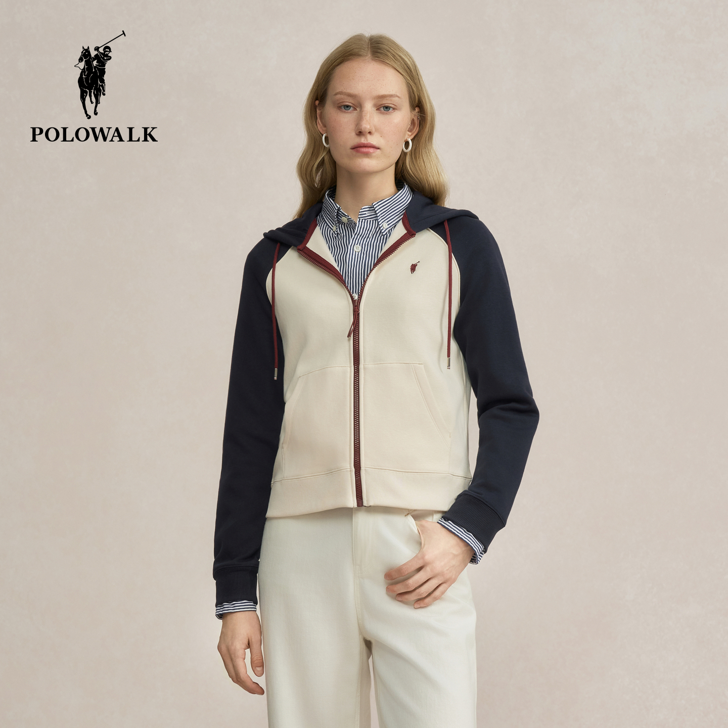 POLOWALK女式卫衣2025秋季新品撞色显瘦连帽运动休闲加绒外套女