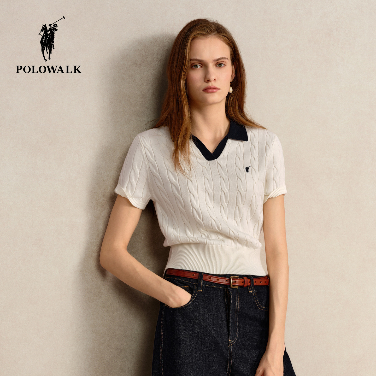 POLOWALK女士翻领Polo针织短袖2026秋季新款撞色绞花修身显瘦上衣