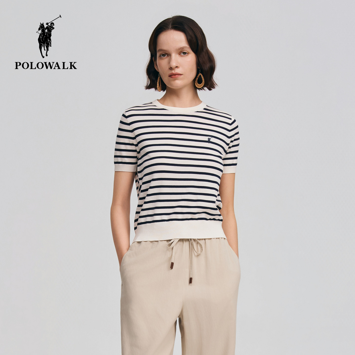 POLOWALK女式短袖针织衫2026春季新品条纹圆领百搭显瘦针织上衣