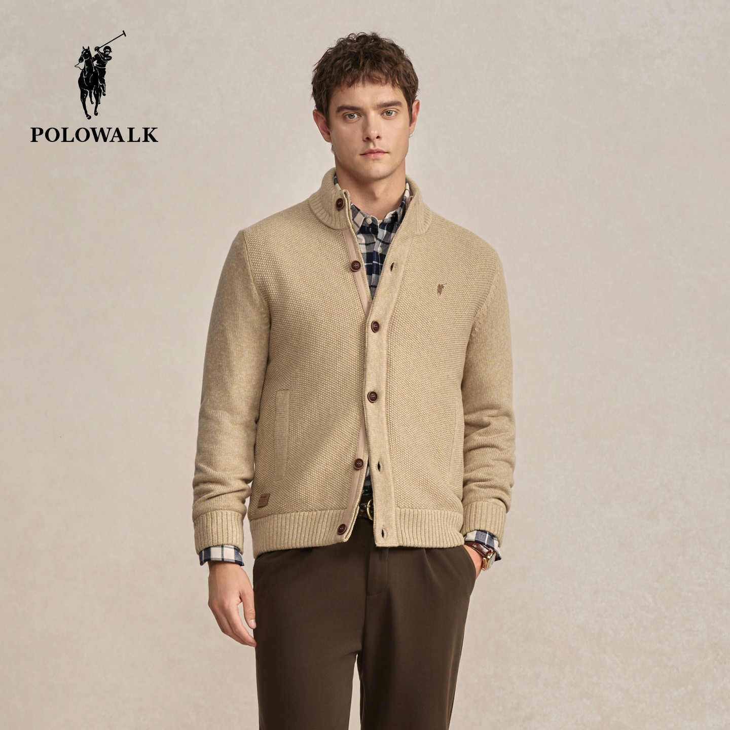 POLOWALK男式针织衫2025冬季新品男装简约舒适半高领加绒针织开衫
