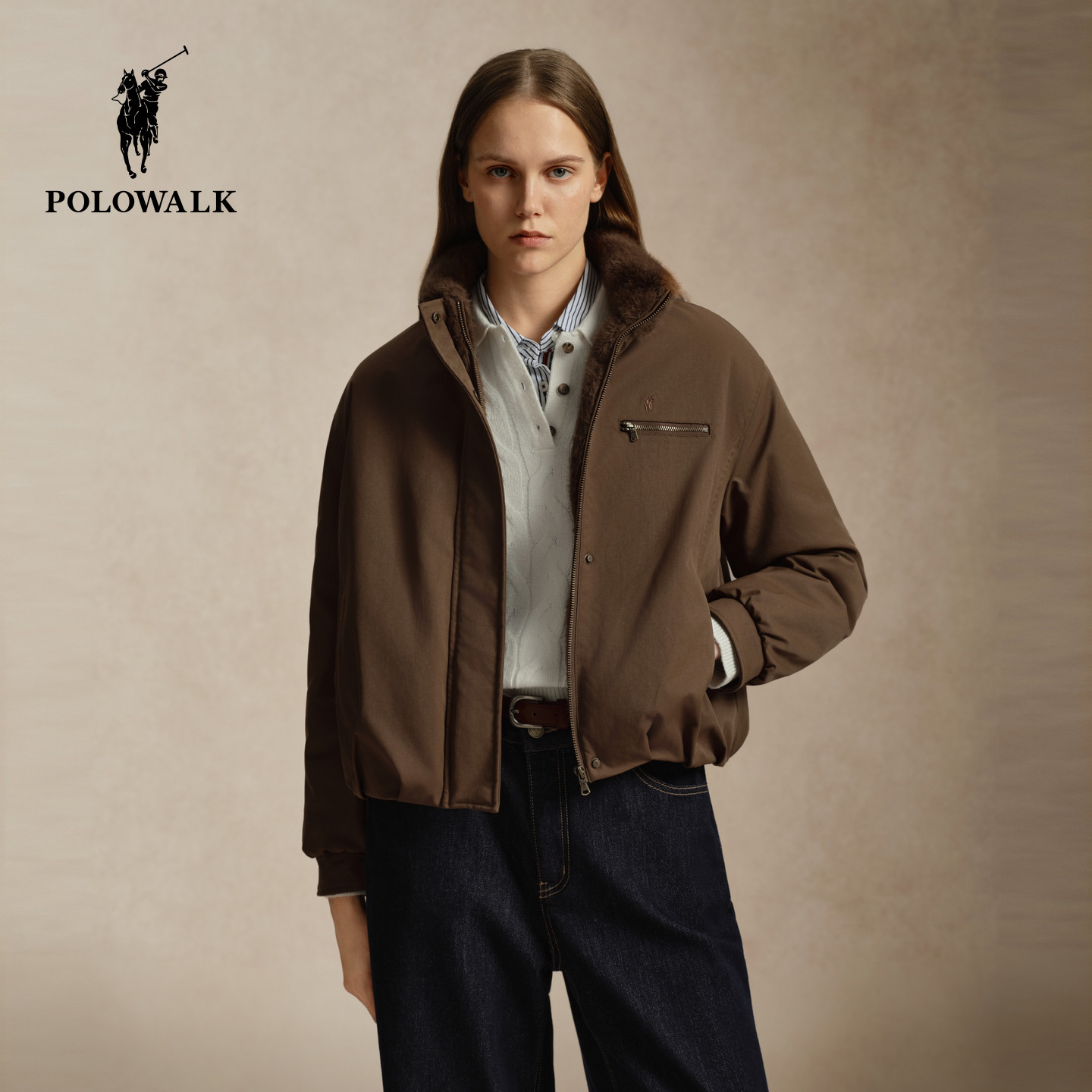 POLOWALK女式外套2026冬季新品复古立领保暖时尚毛领百搭棉服外套
