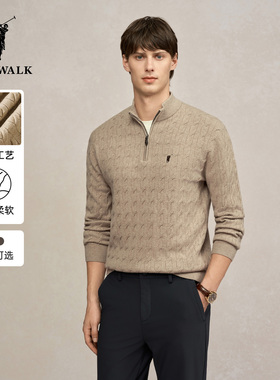 POLOWALK男式针织衫2025秋季新品时尚绞花立领修身套头男装上衣