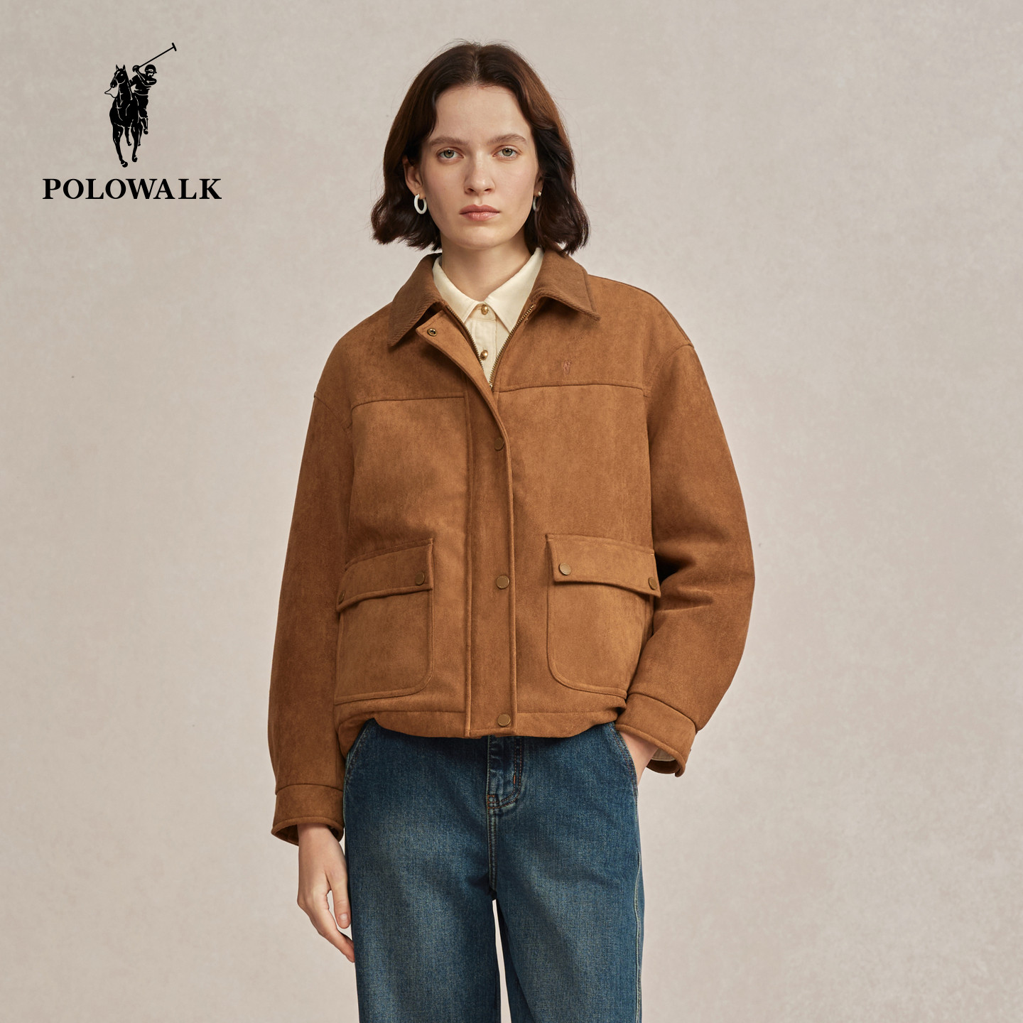 POLOWALK女装女式加绒外套2025秋季新品简约复古风翻领外套