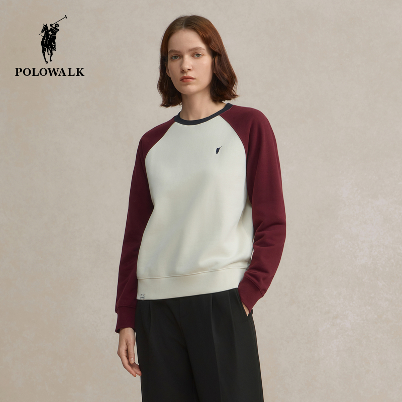 POLOWALK女装2025冬季新品女式圆领卫衣时尚休闲百搭撞色上衣女款