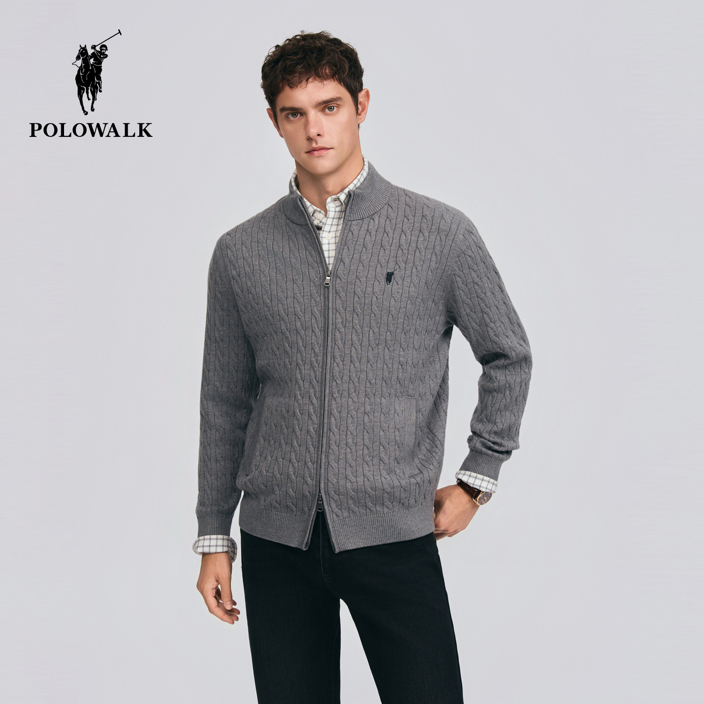 POLOWALK男式绞花针织衫图片