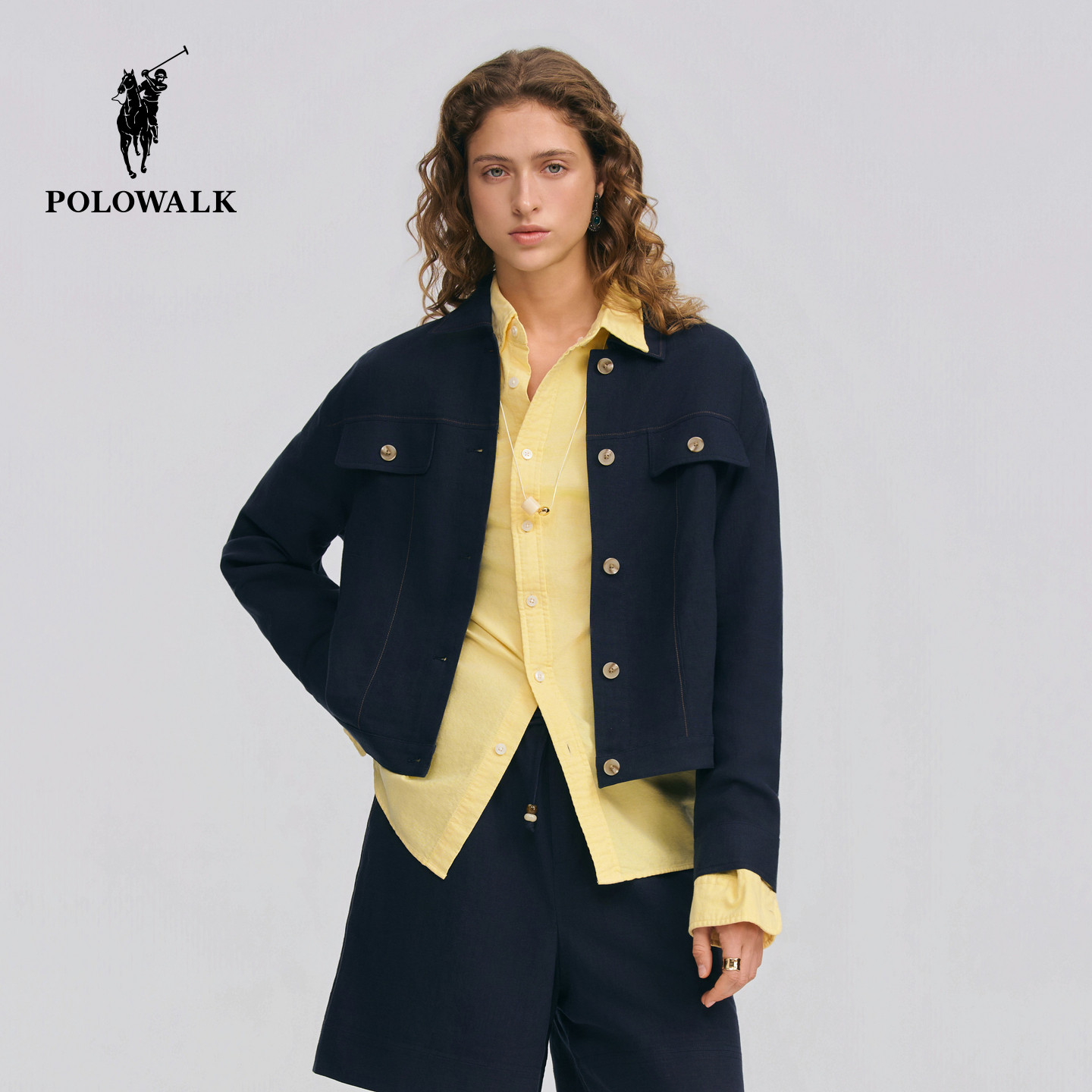 【套装】POLOWALK女式外套2026春季新品亚麻混纺工装风外套短裤