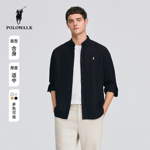 POLOWALK男式长袖衬衫2026秋季新品简约纯色亚麻混纺纽扣领衬衣