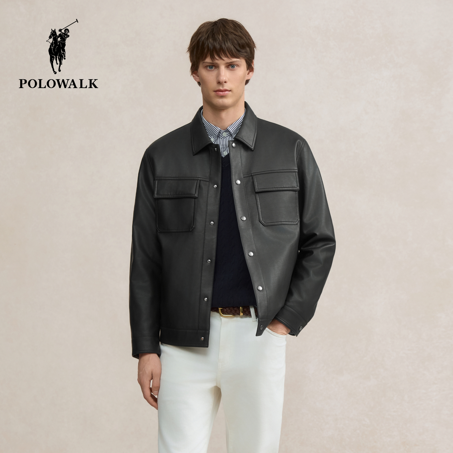 POLOWALK男式皮衣2025冬季新品时尚商务通勤加绒挺括翻领皮外套男